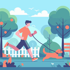 Man jogging with dog on leash in the park. Flat vector illustration.