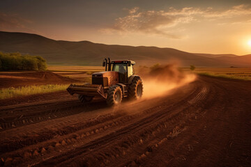 Tractor Plowing Field at Sunset
