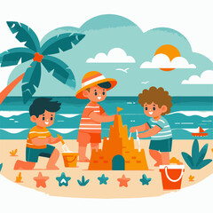 Children playing sand castle on the beach. Flat style vector illustration.