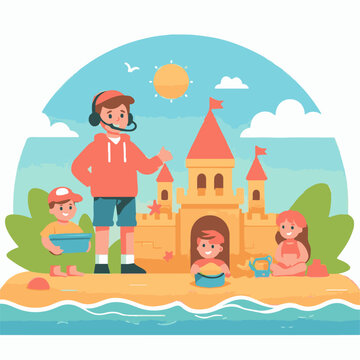 Children playing on the beach. Flat design vector illustration. Cartoon characters.