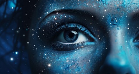 closeup shot of woman eye iris and creative makeup, macro of creative cosmetics makeup, beauty and fashion image