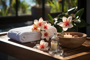 A tranquil spa setup captures the essence of relaxation with a bowl of frangipani flowers