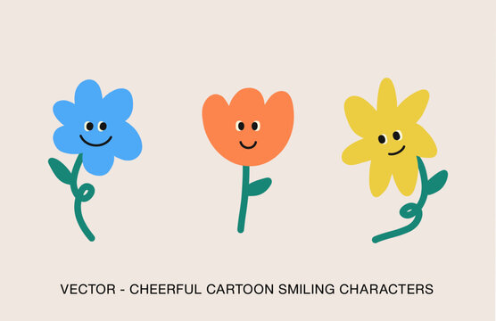 SMILING FLOWER SET - CHEERFUL CARTOON SMILING CHARACTERS AND MASCOTS