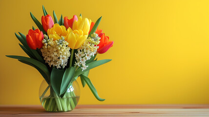 Bouquet of fresh tulips and hyacinths in vase on yellow color background