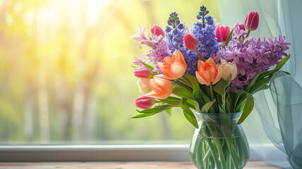 Bouquet of fresh tulips and hyacinths in vase near window