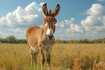 A solitary donkey, with its warm brown coat blending into the golden grass, stands tall and proud in the peaceful field beneath a clear blue sky, embodying the beauty and resilience of terrestrial an