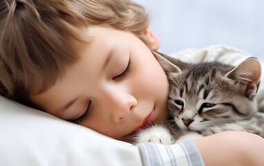 a child sleeping with a cat
