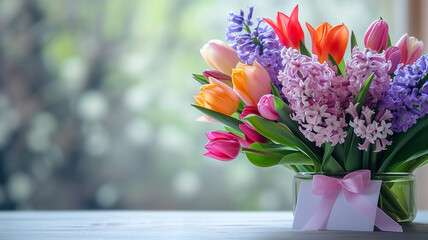 Bouquet of fresh tulips and hyacinths in vase near window with empty blank card