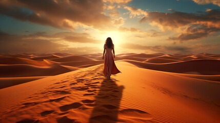 Fototapeta na wymiar back view of woman in elegant dress walking by sahara dune at sunset, fashion concept