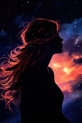 dreamy night portrait of beautiful young woman on sky with stars and galaxy background, female with waving hairs
