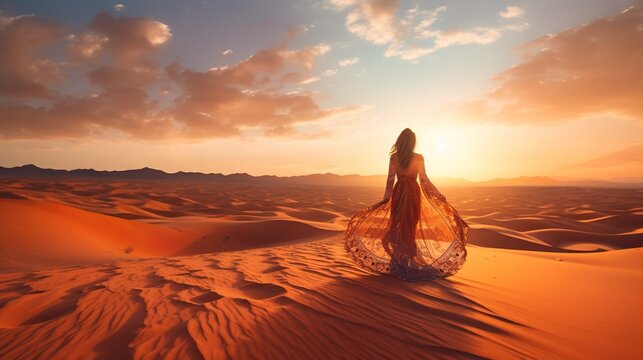 back view of woman in elegant dress walking by sahara dune at sunset, fashion concept