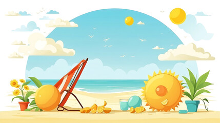 Summer beach scene with sun, sand, sunbeams, seagulls vector illustration, beach, horizontal, nature, sand, sea, seagull, sky, summer, sun, sunbeam, sunlight, travel, water, wave, yellow, backgrounds