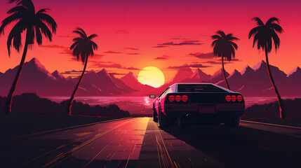 a car on a road with palm trees and mountains in the background - obrazy, fototapety, plakaty