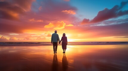 old senior couple walking by sea beach at sunset, older romantic man and woman walk by ocean shore at summer sunrise - obrazy, fototapety, plakaty
