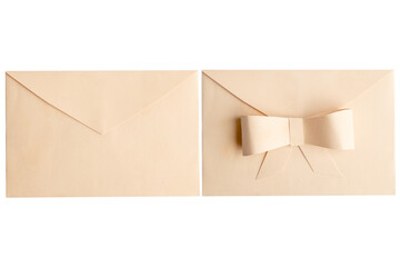 Craft envelope with a bow on a blank background.