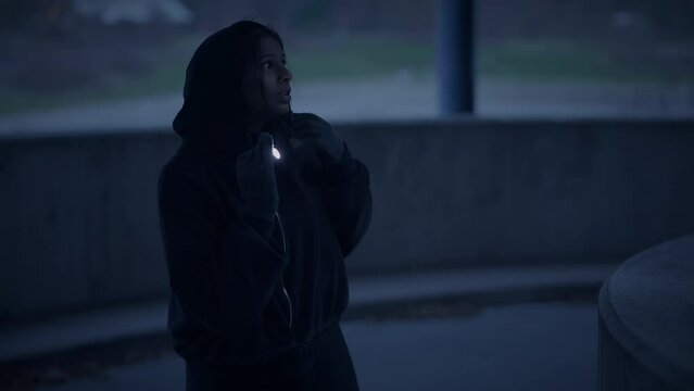 Scared Female Person in Black Clothes Run Away From Suspicious Character 