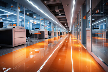 Empty office space with vibrant orange flooring and transparent glass walls, offering a captivating and deserted oasis of creative potential.