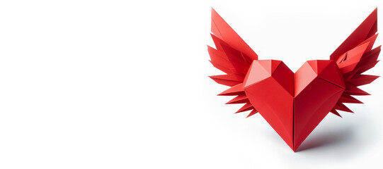 Valentine heart with angel wings made of paper on red paper background.