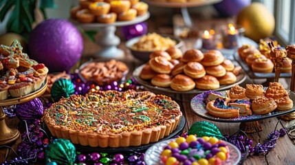 A festive Mardi Gras table setting featuring traditional King Cake, beignets, and other delicacies, surrounded by colorful decorations, beads, and masks