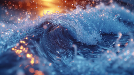 Fototapeta premium Close-up of gentle ocean waves with sparkling water droplets, warm sunset colors in the background.