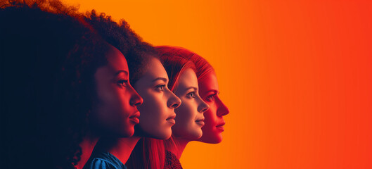 Diverse female profiles in harmony, fiery backdrop for Women's Day celebration. Copy space background. 8 march.