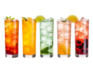 A coloured coctails many different colour with citrus, close up . Isollated on the transparent background.