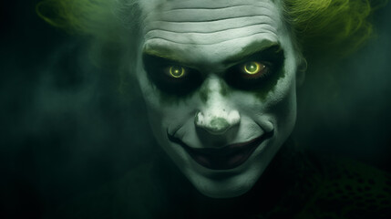Unheimlicher Horrorclown mit grünen Haaren und leuchtenden Augen. Düstere dunkle Stimmung. Closeup. Illustration