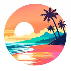 Fototapeta na wymiar Illustration of a tondo.Sea coast of warm, southern latitudes. Sunset on the beach with palm trees against the backdrop of mountain slopes.