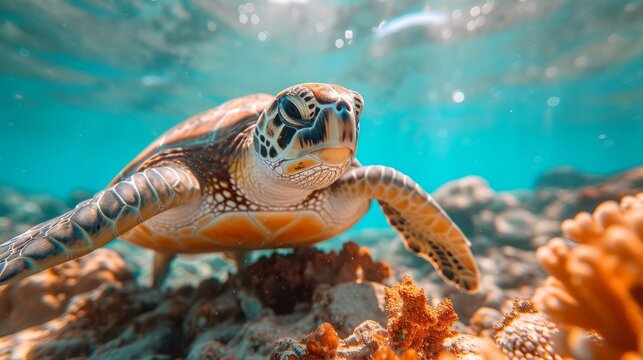 Underwater Turtles, Serene image of sea turtles swimming underwater, highlighting the beauty of marine ecosystems.