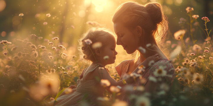 Sun-kissed mother and child sharing a moment in a blooming meadow, ideal for Mother's Day