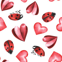 Ladybugs and red hearts. Watercolor hand drawn illustration. Seamless pattern. St valentine's day concept. For textile, fabric, wallpaper, web, packaging paper