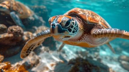Obraz premium Underwater Turtles, Serene image of sea turtles swimming underwater, highlighting the beauty of marine ecosystems.