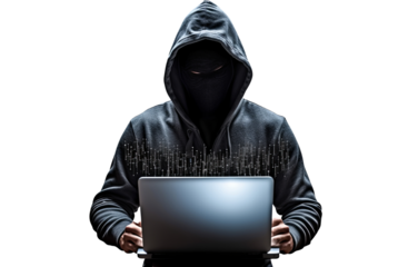 Hacker wearing a black hoodie sits down with a laptop, hacks, and steals. Cybersecurity, harmful intentions, dark net fraud, Isolated on transparent background PNG.