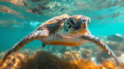 Fototapeta premium Underwater Turtles, Serene image of sea turtles swimming underwater, highlighting the beauty of marine ecosystems.