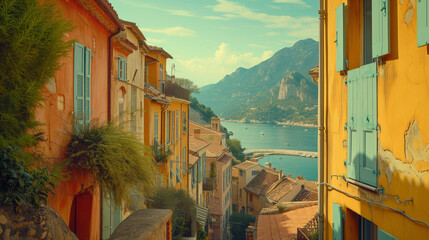 Quaint European street with colorful houses and a scenic mountain backdrop, evoking a warm, serene atmosphere. - obrazy, fototapety, plakaty