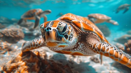 Obraz premium Underwater Turtles, Serene image of sea turtles swimming underwater, highlighting the beauty of marine ecosystems.