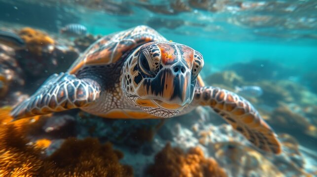 Underwater Turtles, Serene image of sea turtles swimming underwater, highlighting the beauty of marine ecosystems.