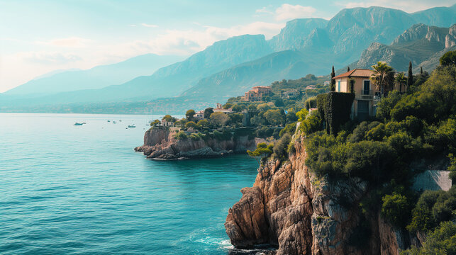 Scenic coastal landscape with a villa overlooking the calm blue sea, nestled on a rocky cliff with lush greenery.