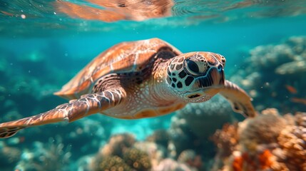 Fototapeta premium Underwater Turtles, Serene image of sea turtles swimming underwater, highlighting the beauty of marine ecosystems.
