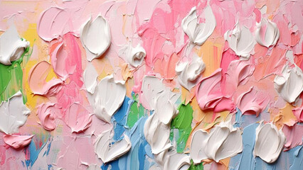 Bright picture of thick impasto, spring, white, blue, pink,colorful background