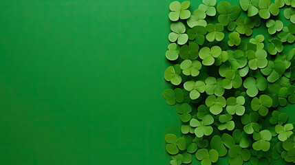 Saint Patrick's Day green clover background with room for text created with Generative AI technology - obrazy, fototapety, plakaty
