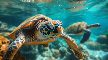 Obraz premium Underwater Turtles, Serene image of sea turtles swimming underwater, highlighting the beauty of marine ecosystems.