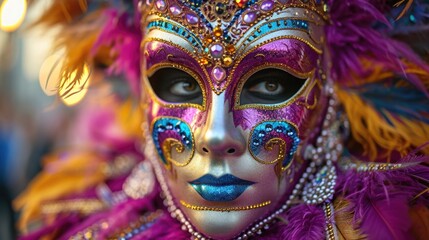 Close-up of an elaborate Mardi Gras mask adorned with feathers, sequins, and beads, showcasing the...