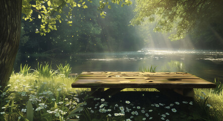 Tranquil lake scene with sunbeams piercing through mist, wooden pier, and lush greenery.