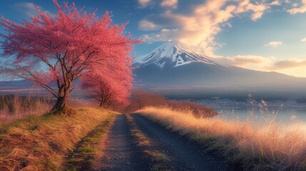 romantic pink blooming cherry blossom on tree at mount Fuji area, Japan.