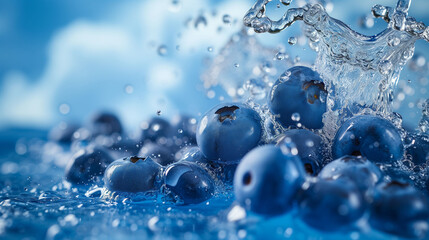 Fresh blueberries with water splash on a blue background.