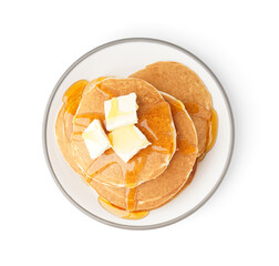 Plate of tasty pancakes with butter and maple syrup on white background