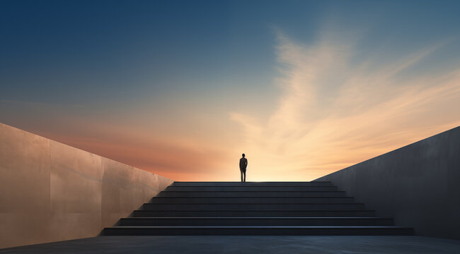 Person stands at the end of a long staircase and looks towards the horizon at the rising sun - theme of success, career and new beginnings