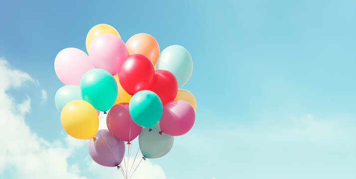 colorful helium balloons rise up into the blue sky. Birthday, party or celebration theme