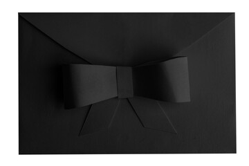 Black envelope with a bow on a blank background. - obrazy, fototapety, plakaty